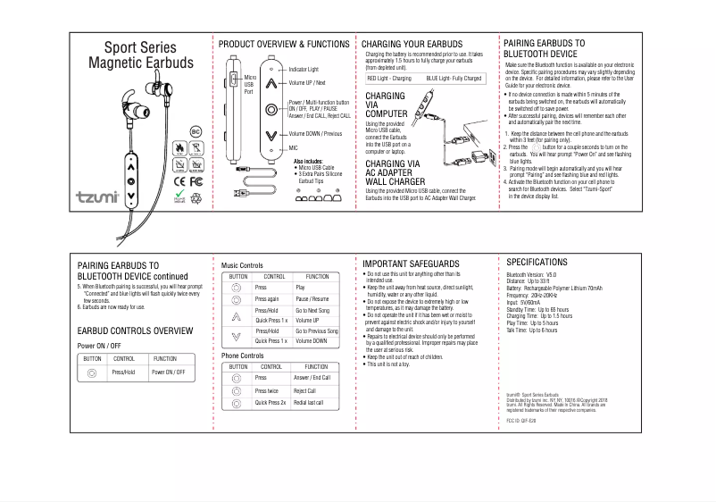 Page 1 de la notice Manuel utilisateur Tzumi Sport Series Magnetic Earbuds