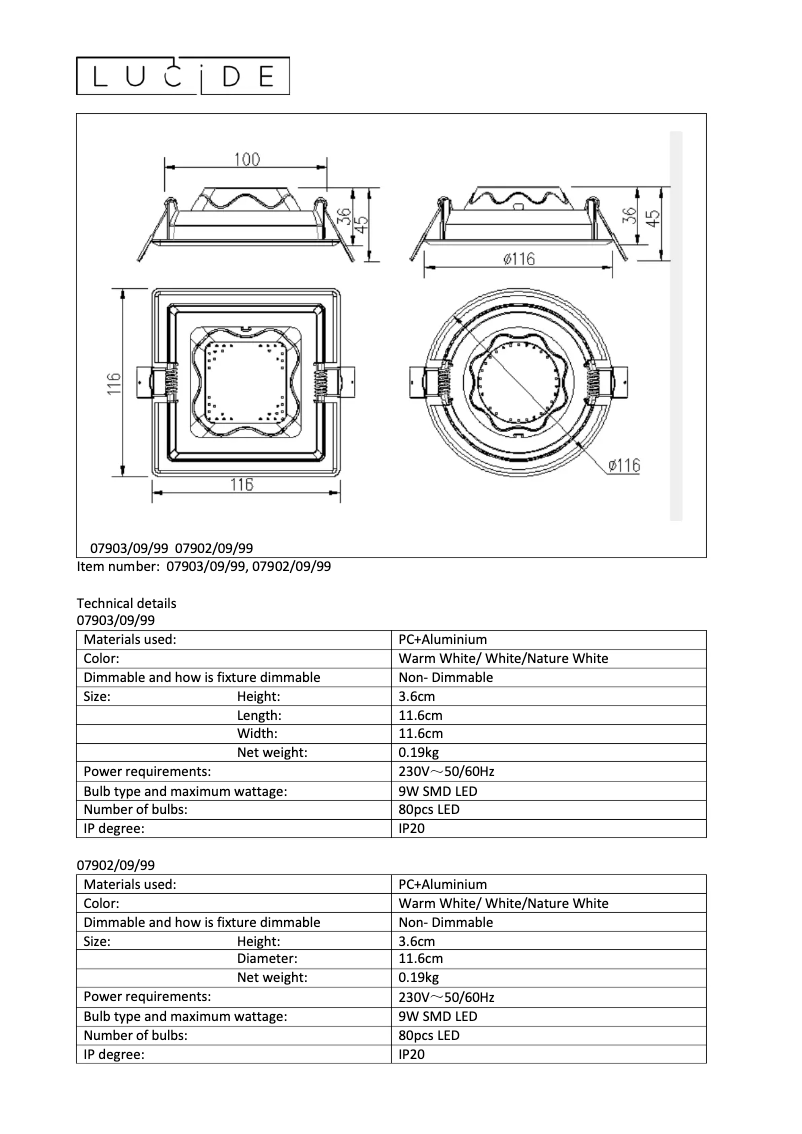 Page 1 de la notice Manuel utilisateur Lucide Tendo 07903/09/99