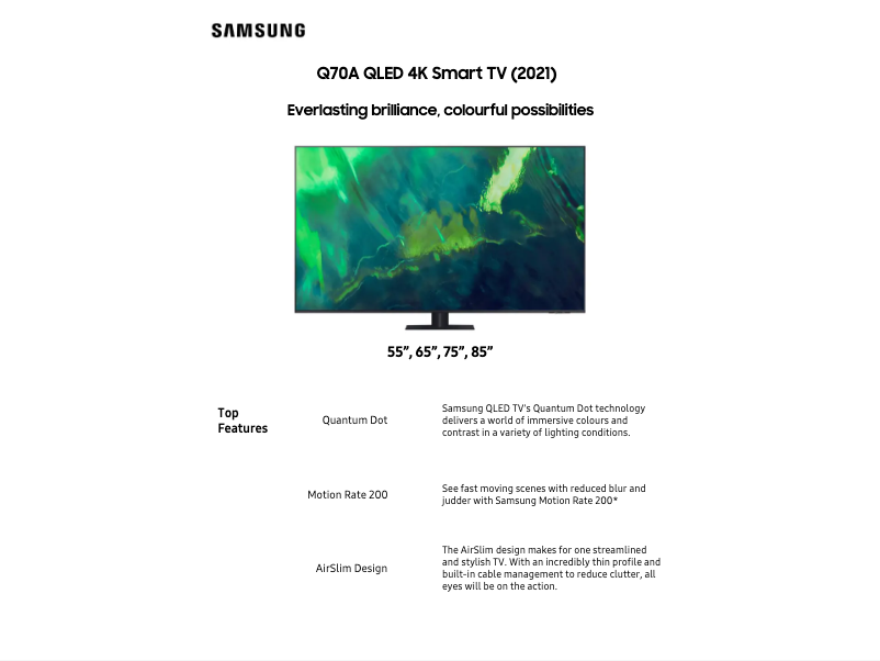 Page 1 de la notice Fiche technique Samsung QA65Q70AAWXXY