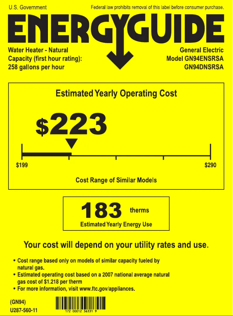 Página 1 del manual Etiqueta energética GE GN94ENSRSA
