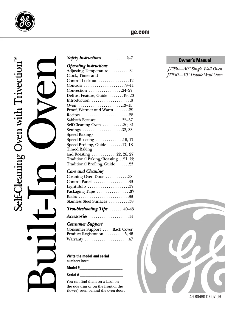 Page n°1 - Manuel d'utilisation et d'entretien GE JT930SHSS
