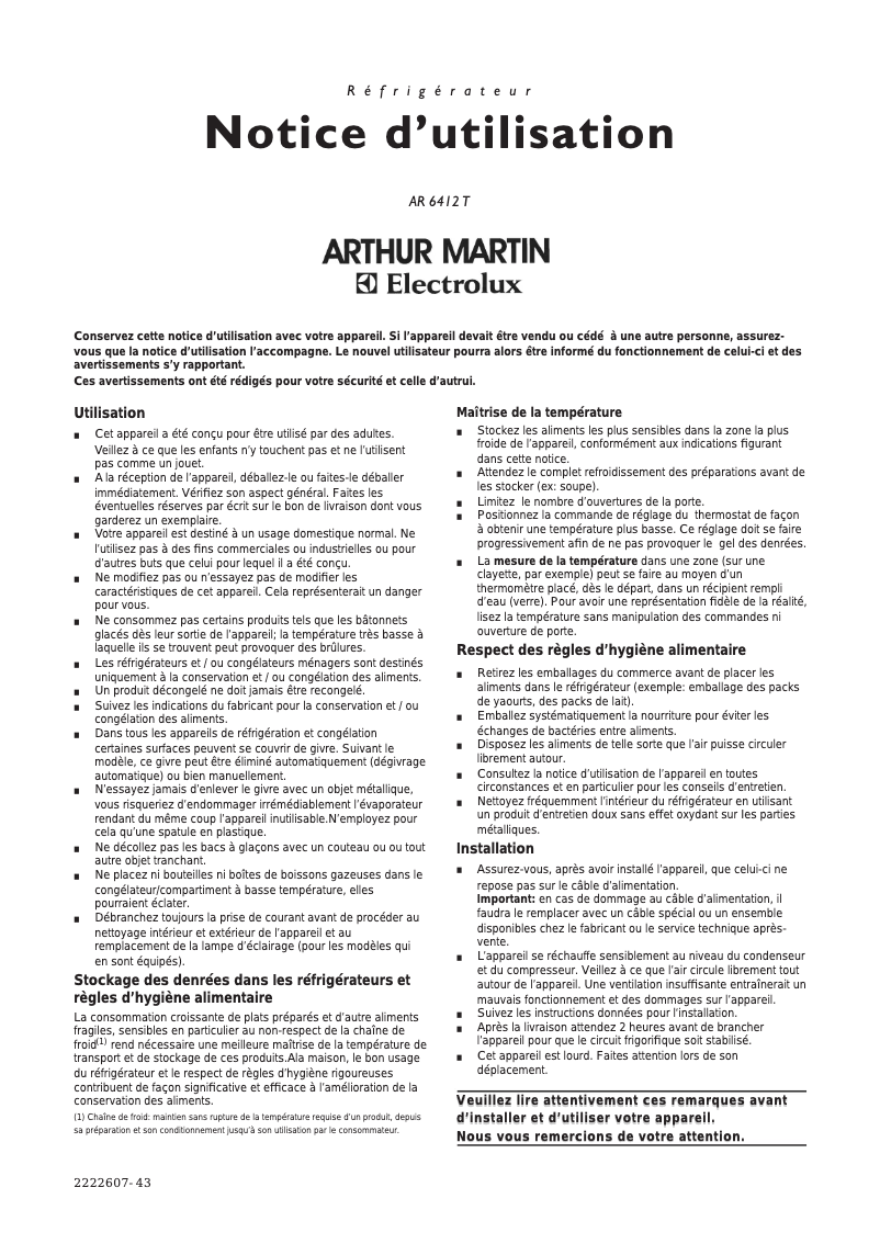 Page 1 de la notice Manuel utilisateur Arthur Martin-Electrolux AR6412T