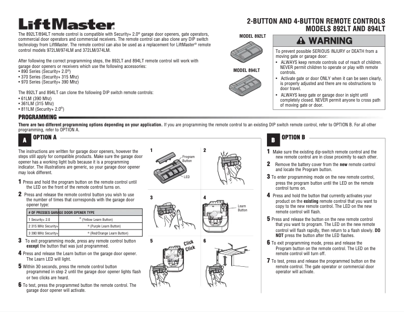 Page 1 de la notice Manuel utilisateur LiftMaster 892LT