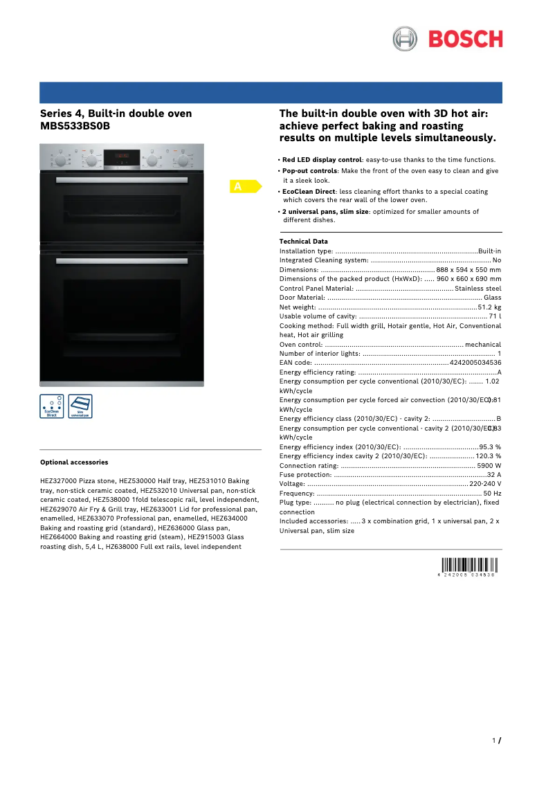 Page 1 de la notice Fiche technique Bosch MBS533BS0B