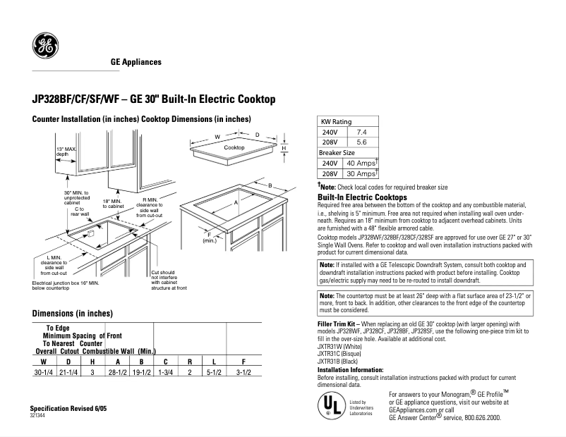 Page n°1 - Fiche technique GE JP328CFCC