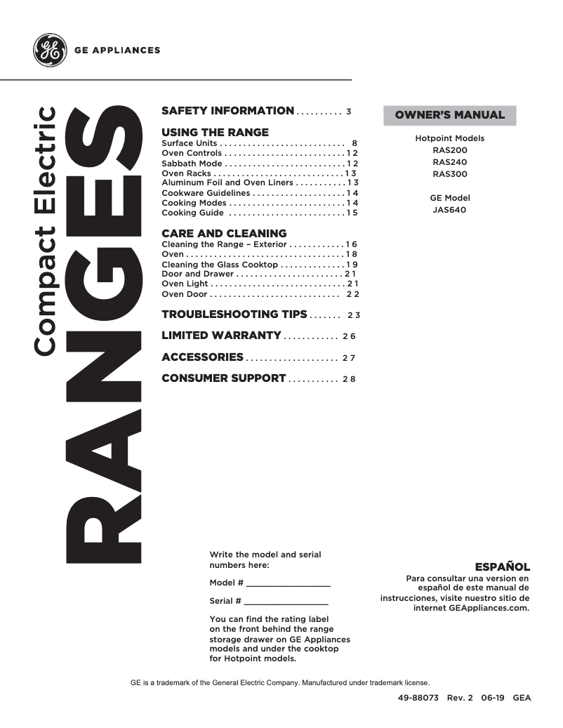 Page 1 of the manual Use and Maintenance Manual GE RAS240DMWW