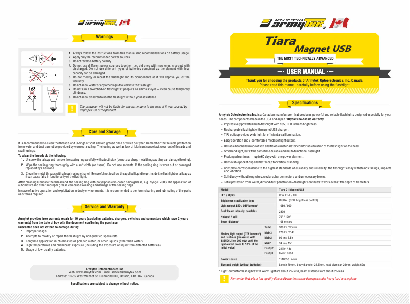 Page 1 de la notice Manuel utilisateur ArmyTek Tiara C1
