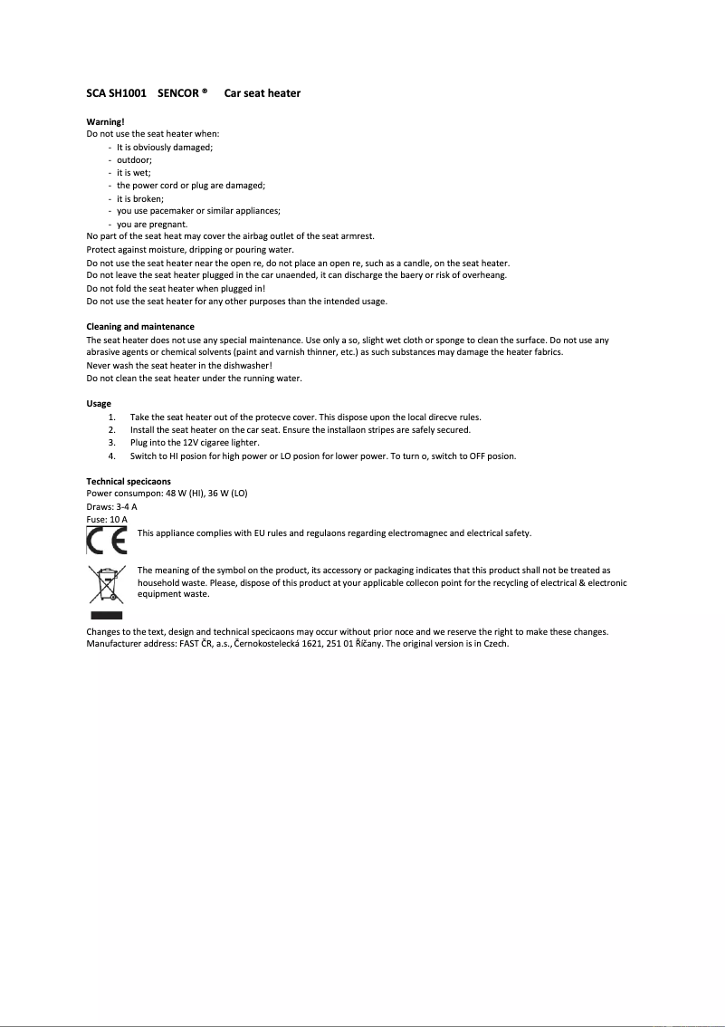 Page 1 de la notice Manuel utilisateur Sencor SCA SH1001