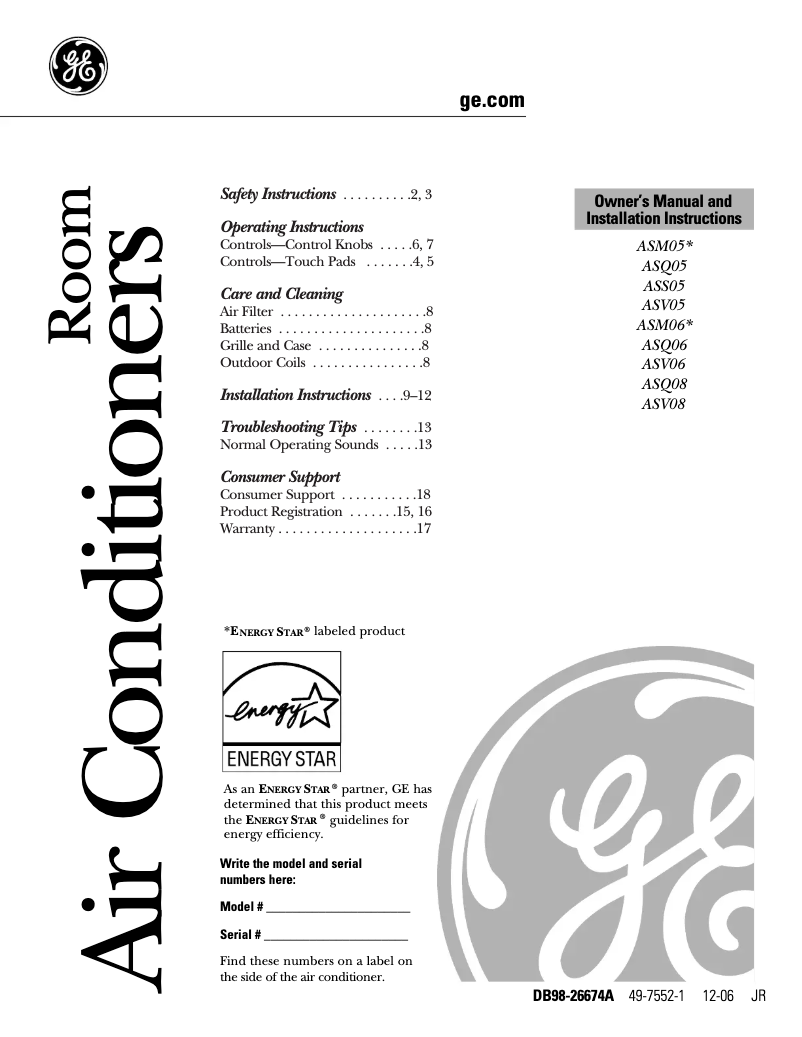 Página 1 del manual Manual de uso y mantenimiento GE ASM05LK