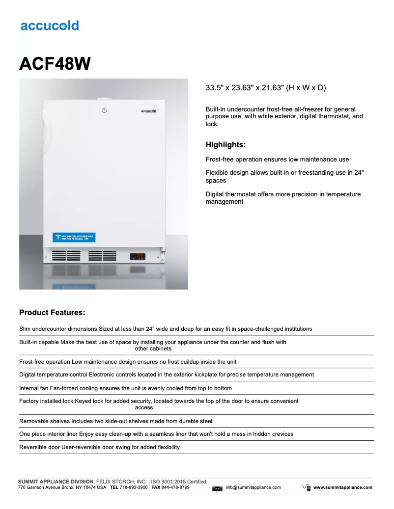 Page 1 de la notice Fiche technique Summit Accucold ACF48W