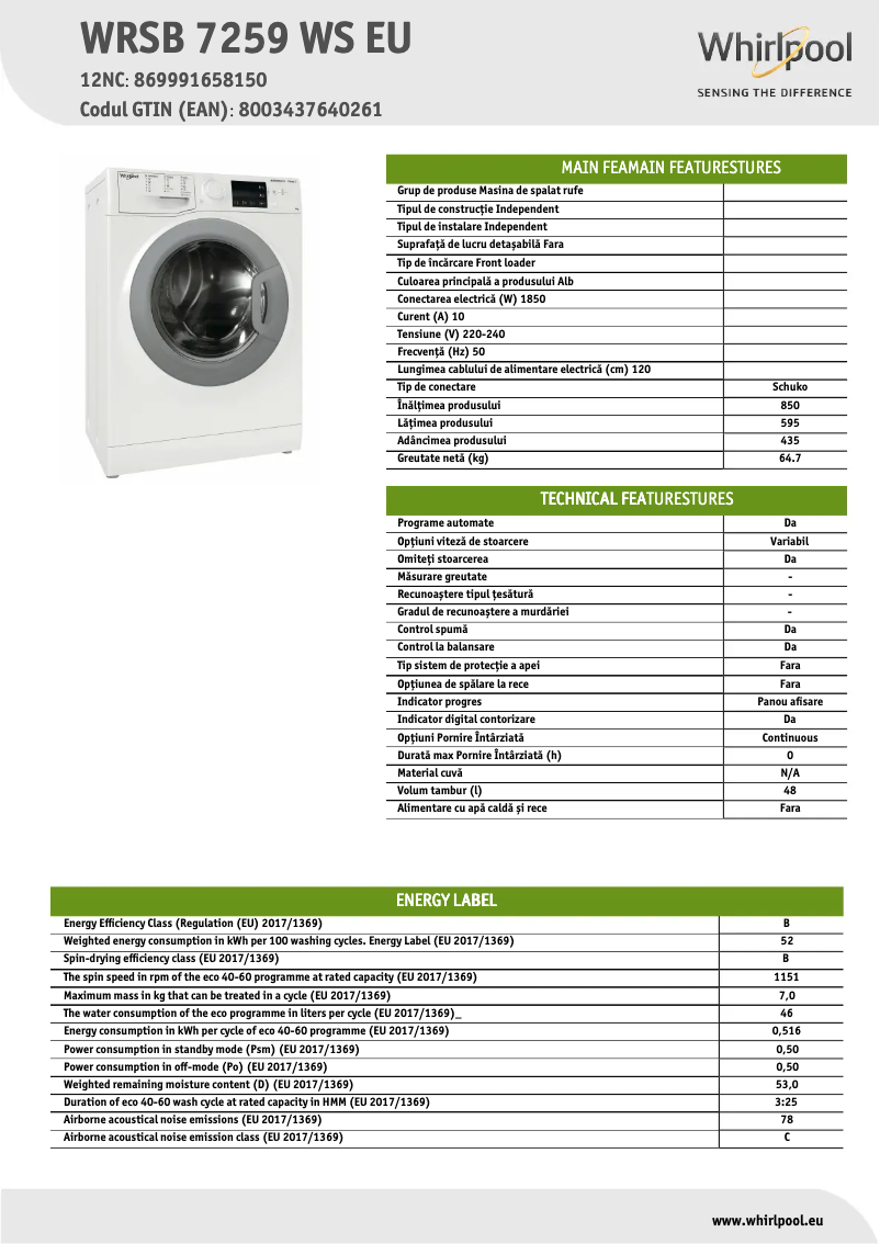 Página 1 del manual Ficha técnica Whirlpool WRSB 7259 WS EU