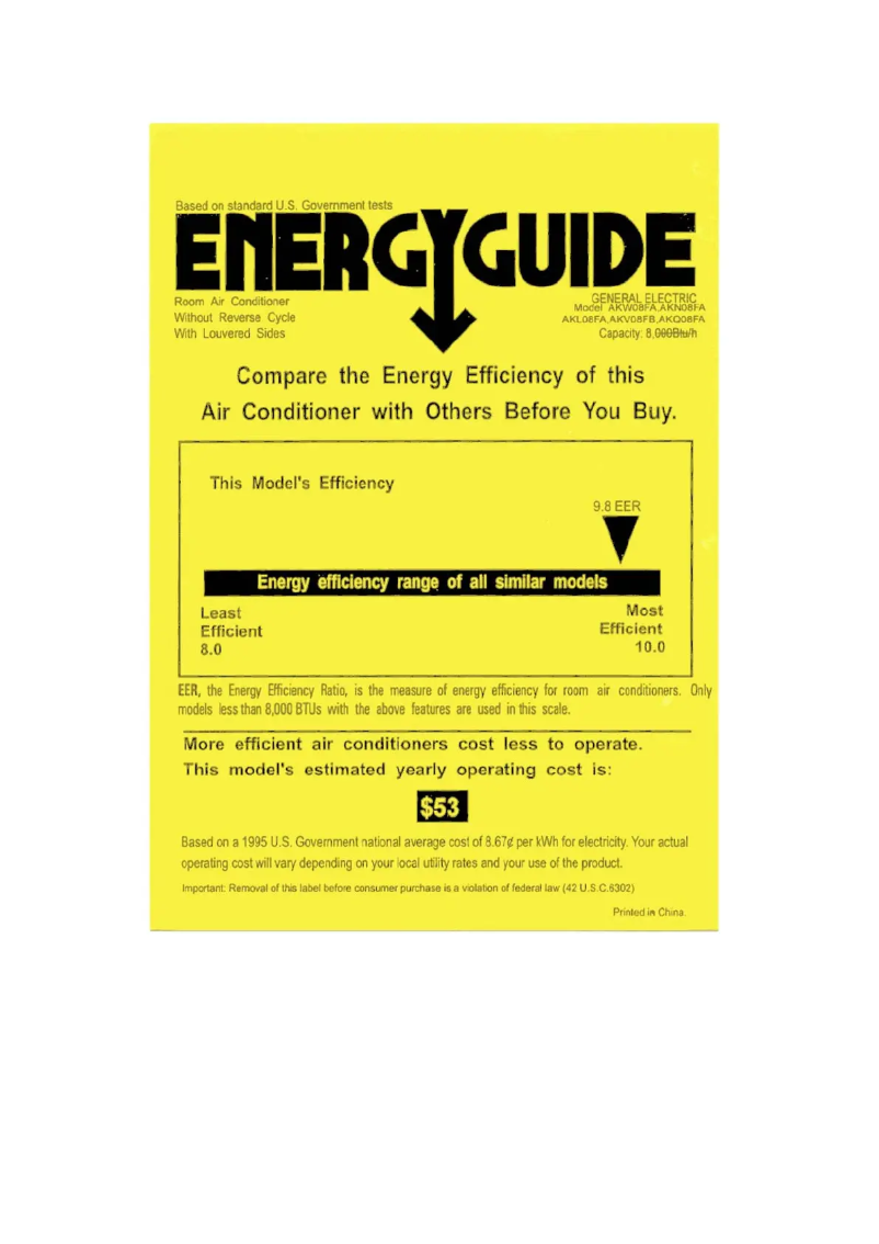 Page 1 de la notice Label énergétique GE AKV08FB