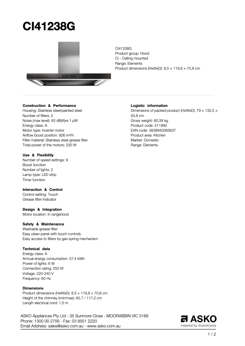 Page 1 de la notice Fiche technique Asko CI41238G