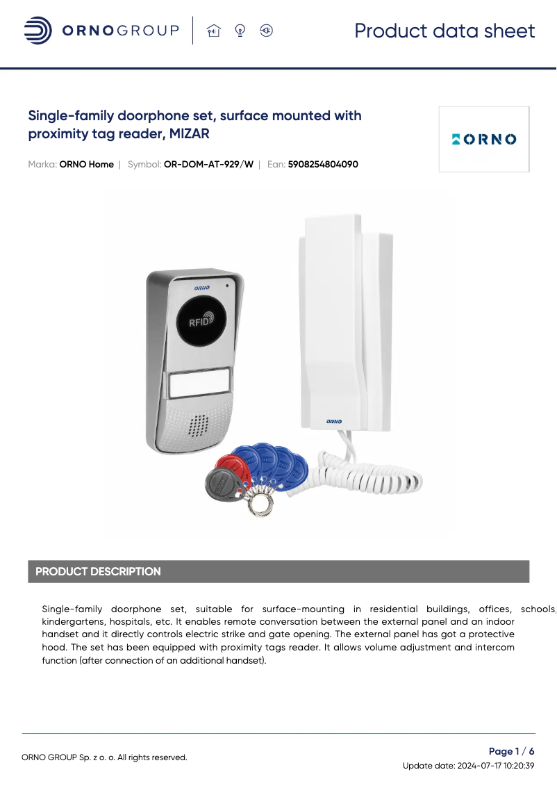 Page 1 de la notice Fiche technique ORNO OR-DOM-AT-929