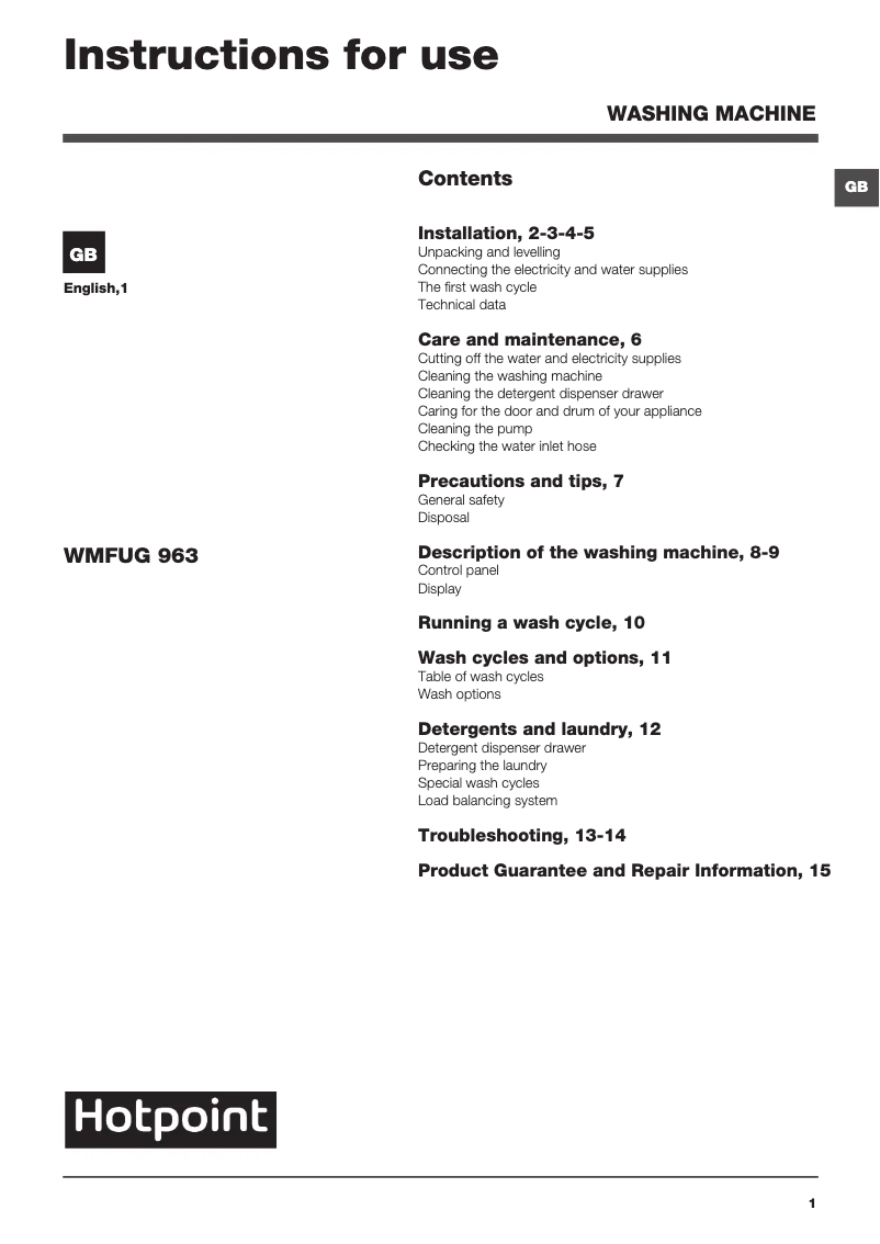 Página 1 del manual Manual de usuario Hotpoint WMFUG 963P UK