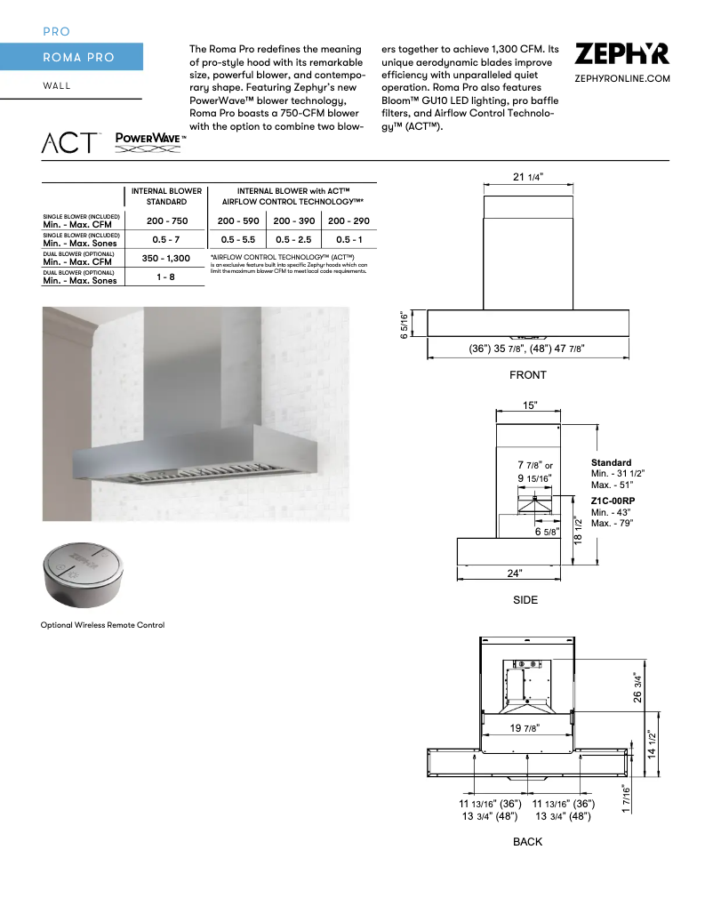 Página 1 del manual Ficha técnica Zephyr Roma Pro ZRP-E48AS