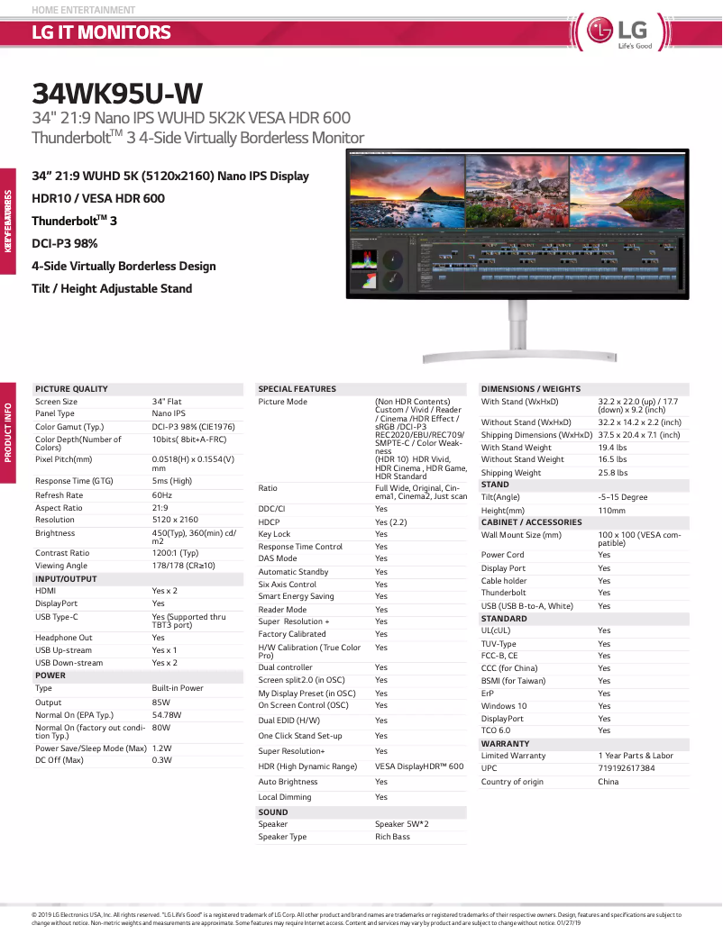 Page 1 de la notice Fiche technique LG 34WK95U