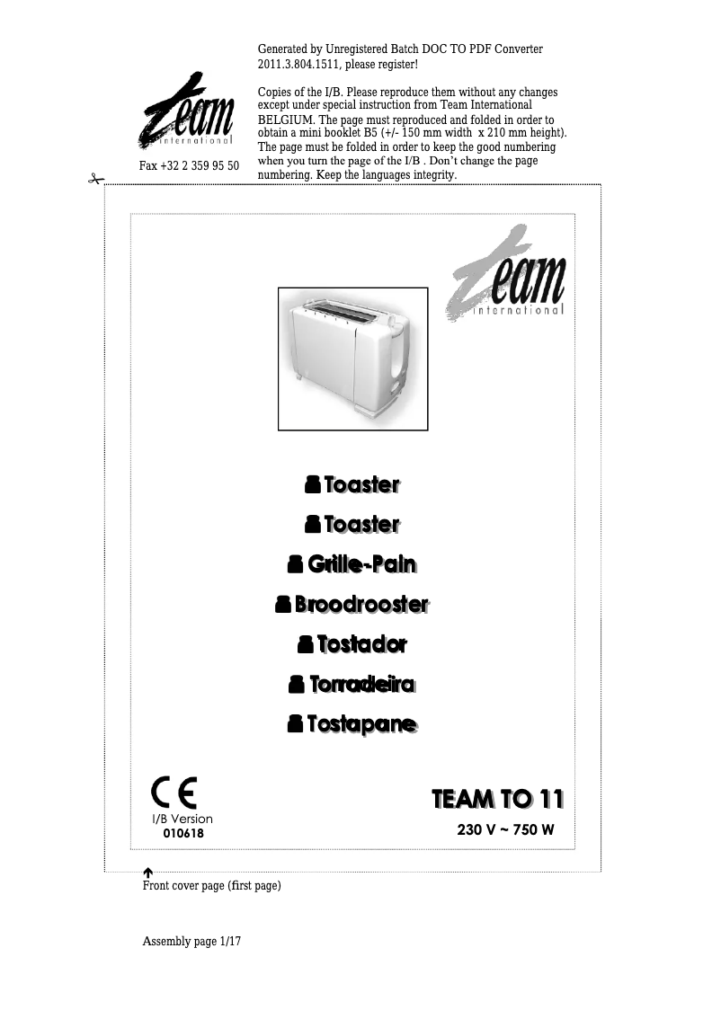 Page 1 de la notice Manuel utilisateur Team TO 11