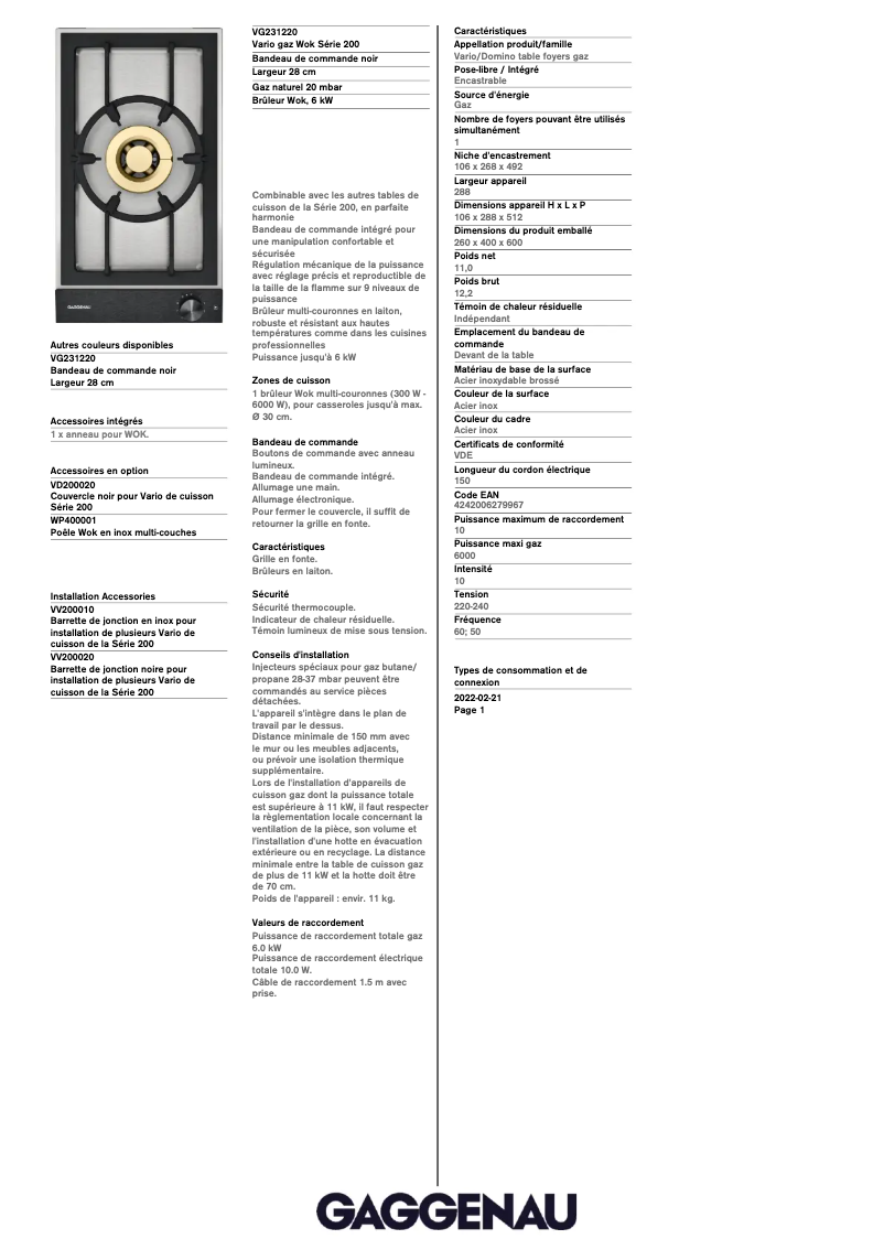Page 1 de la notice Fiche technique Gaggenau VG231220