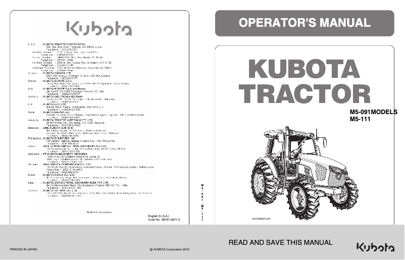 Page 1 de la notice Manuel utilisateur Kubota M5-111HDCC12
