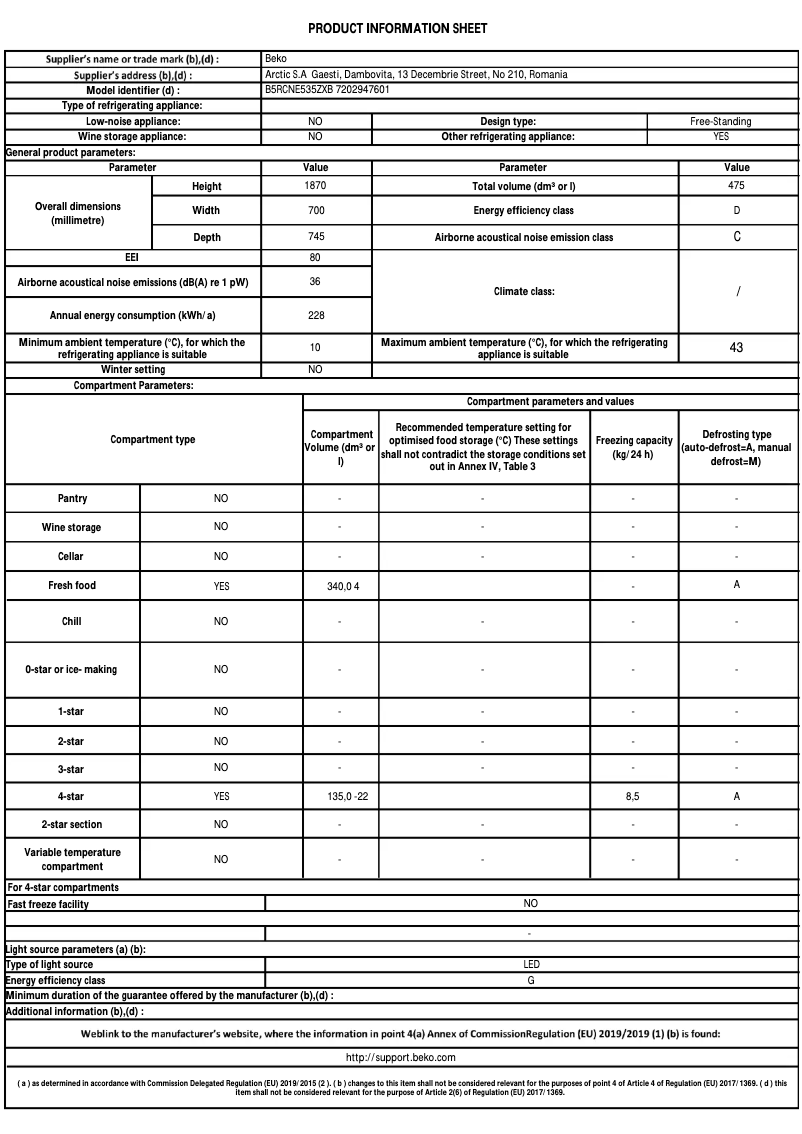 Page 1 de la notice Fiche technique Beko B5RCNE535ZXB