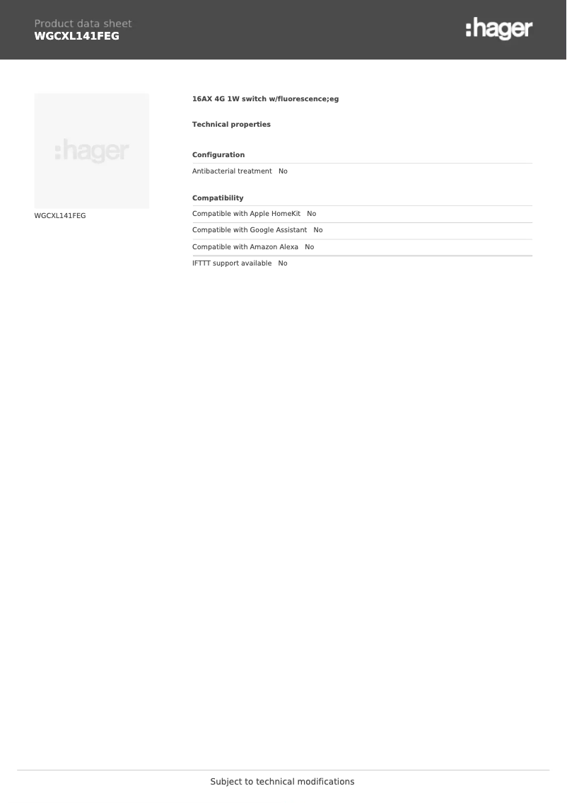 Page 1 de la notice Fiche technique Hager WGCXL141FEG