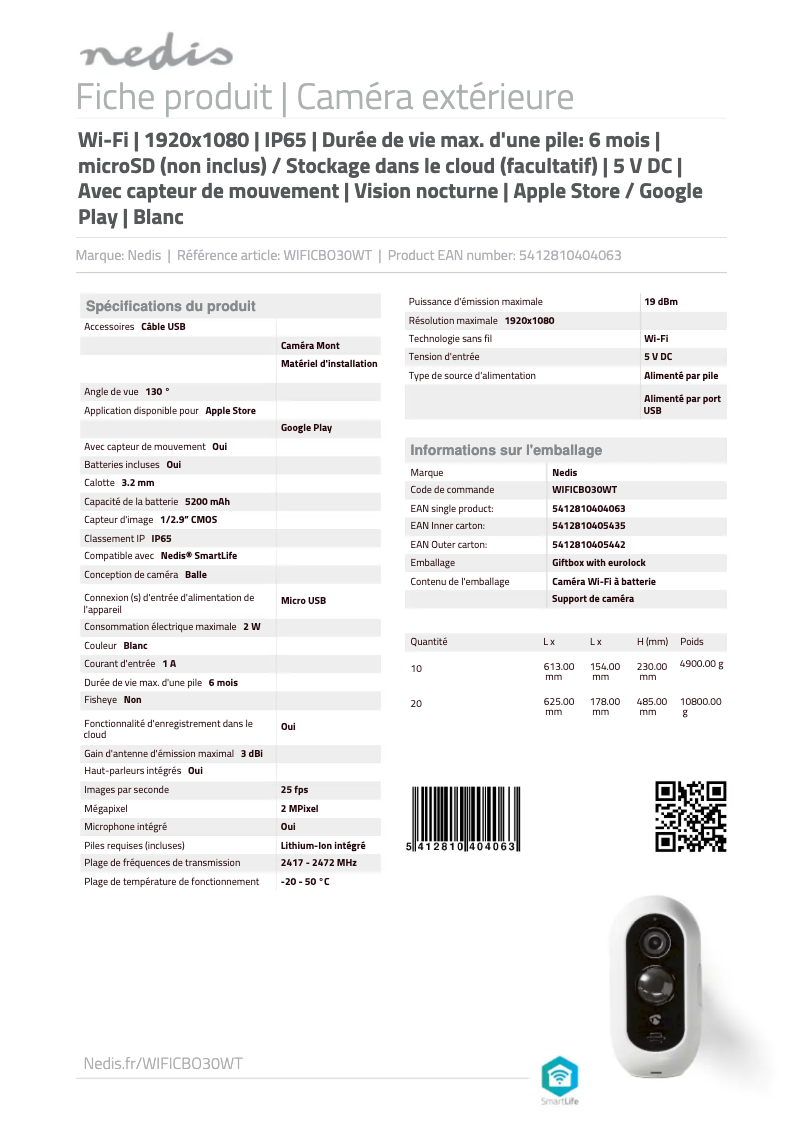 Page 1 de la notice Fiche technique Nedis WIFICBO30WT