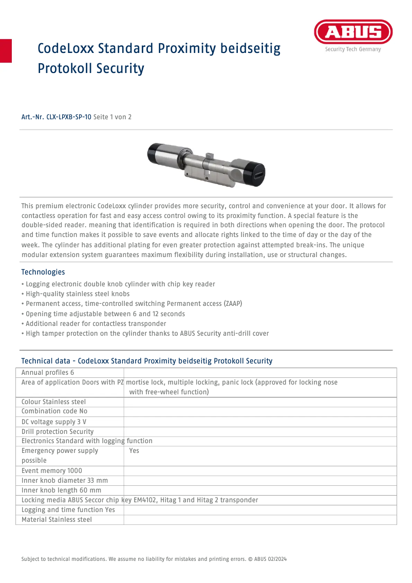 Page 1 de la notice Fiche technique Abus CLX-LPXB-SP-10