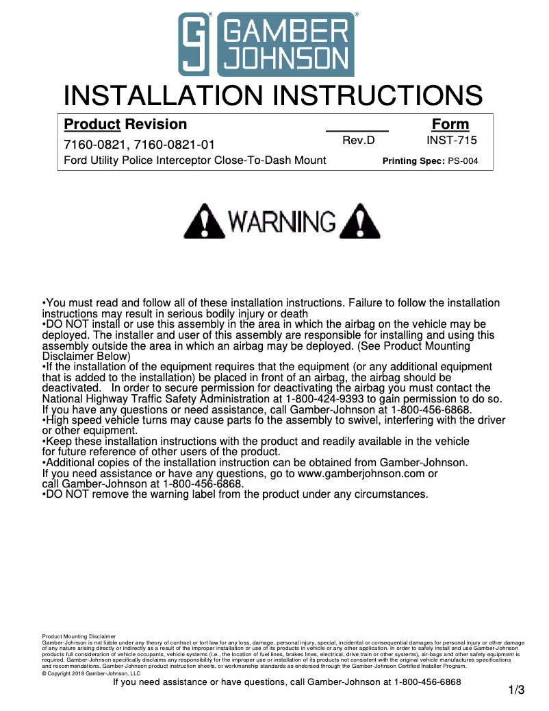 Página 1 del manual Manual de usuario Gamber-Johnson 7160-0821-01