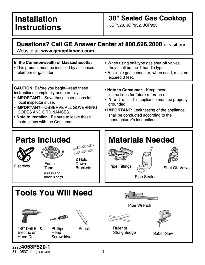 Page 1 of the manual Installation Guide GE Profile Performance JGP932CECCC