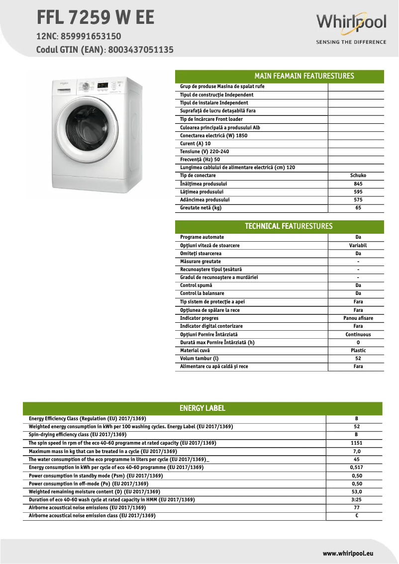 Página 1 del manual Ficha técnica Whirlpool FFL 7259 W EE