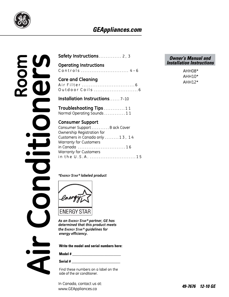 Página 1 del manual Manual de uso y mantenimiento GE AHH10AP