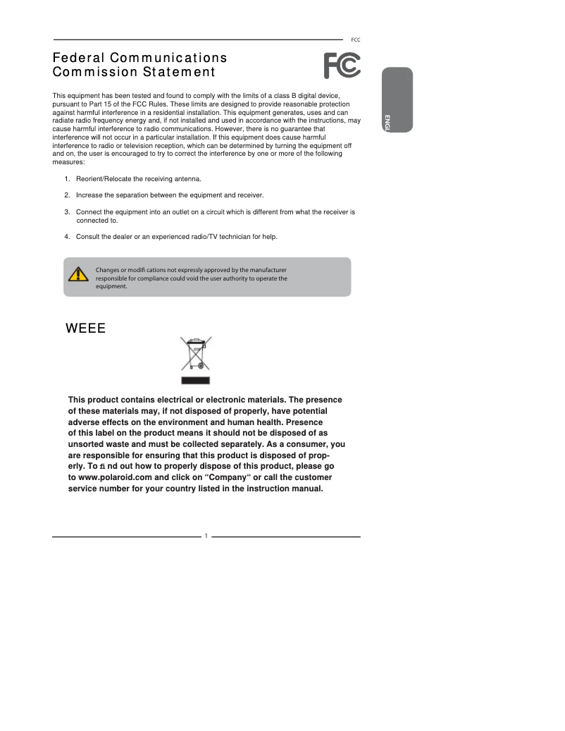 Page 1 de la notice Manuel utilisateur Polaroid FLM-3734B