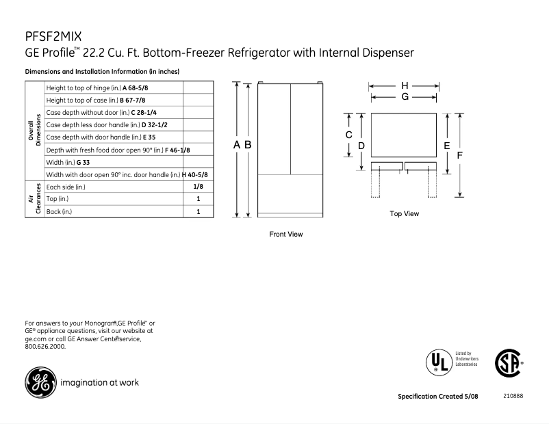 Page 1 of the manual Technical Sheet GE Profile PFSF2MIXBB