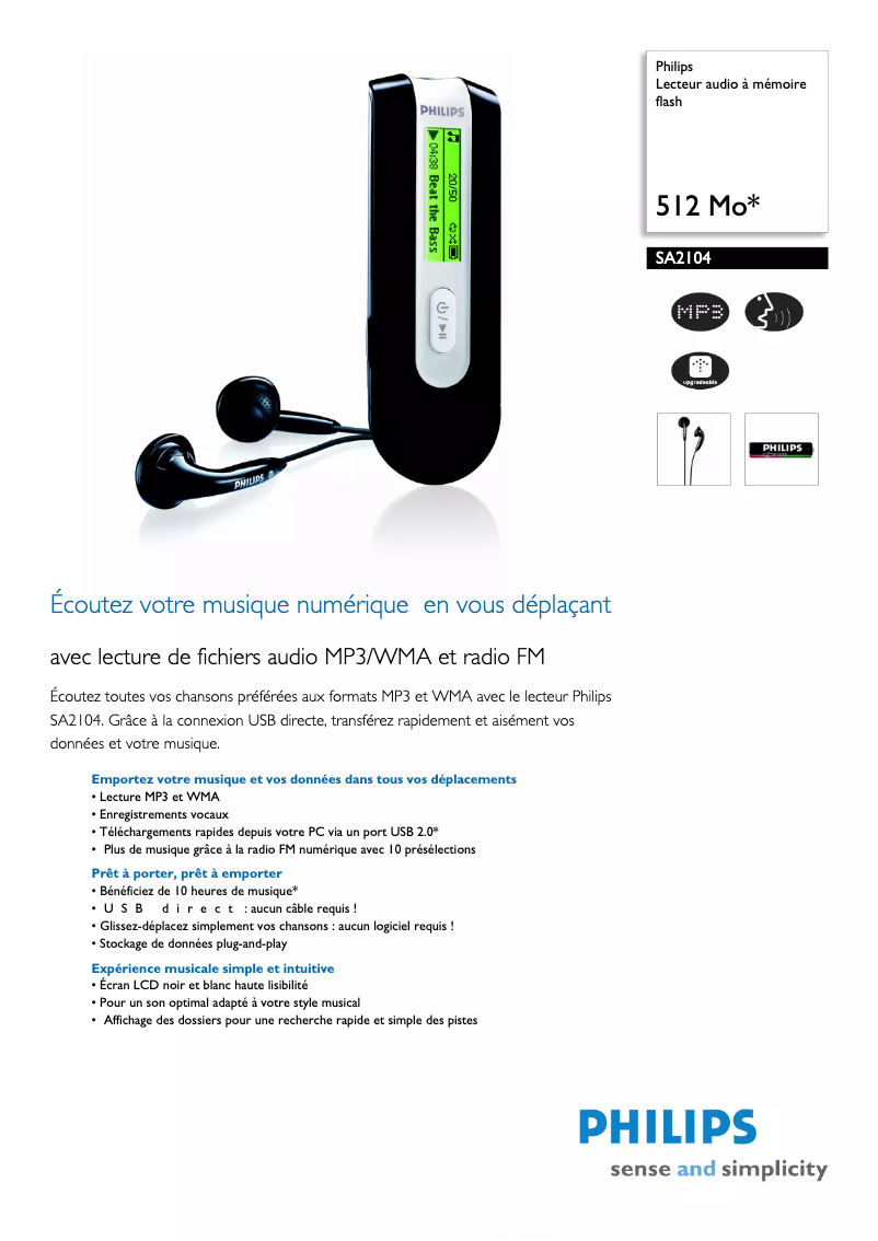 Page 1 of the manual Technical Sheet Philips SA2104