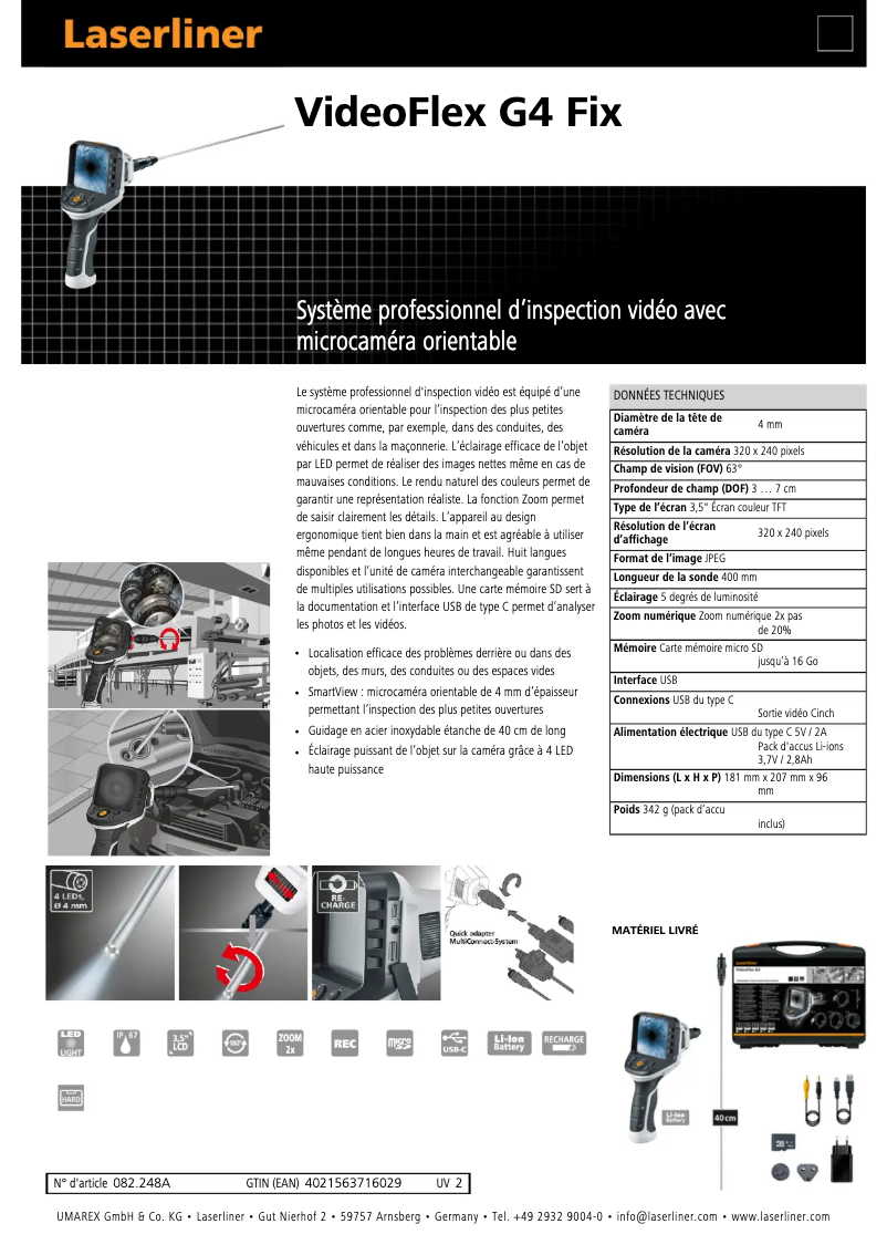 Page 1 de la notice Fiche technique Laserliner VideoFlex G4 Fix