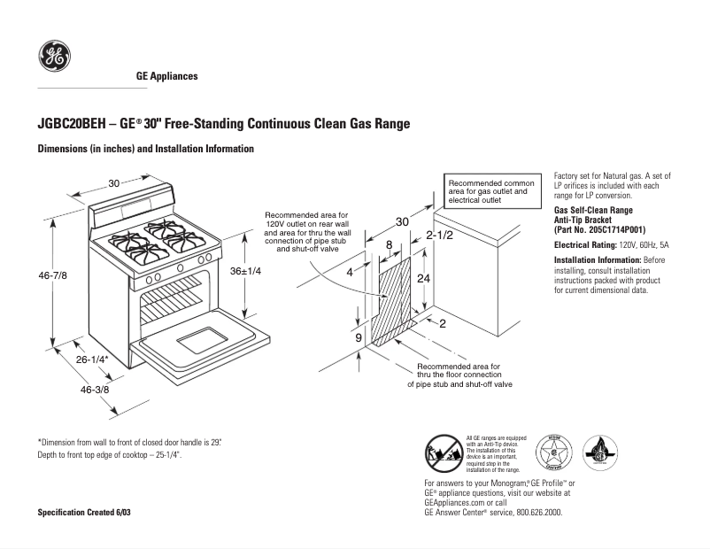Page 1 de la notice Fiche technique GE JGBC20BEHCT