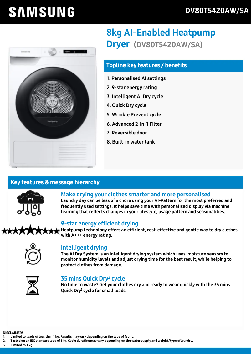 Page 1 de la notice Fiche technique Samsung DV80T5420AW