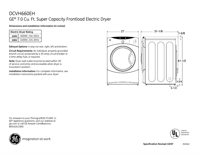 Page 1 of the manual Technical Sheet GE DCVH660EHWW