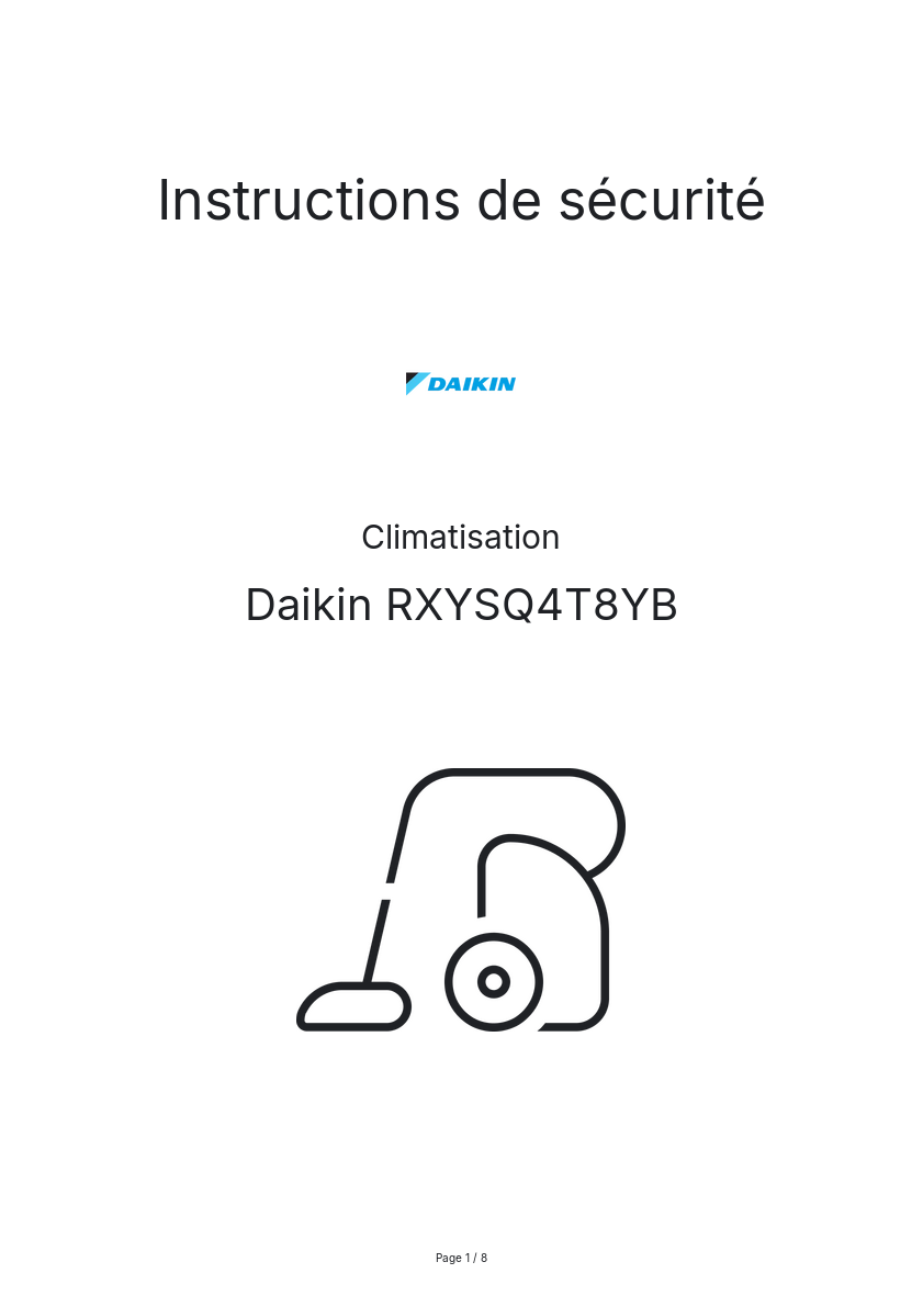 Page 1 de la notice Instructions de sécurité Daikin RXYSQ4T8YB