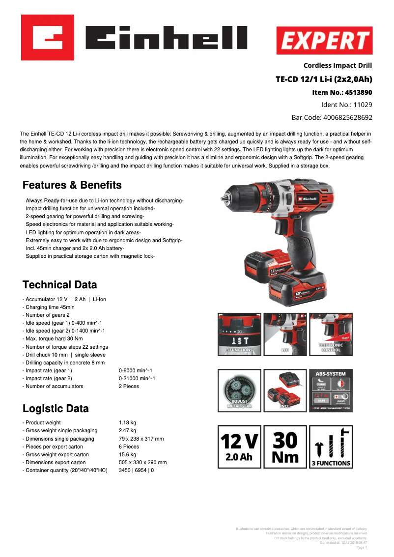 Page 1 de la notice Fiche technique Einhell TE-CD 12/1 Li-i
