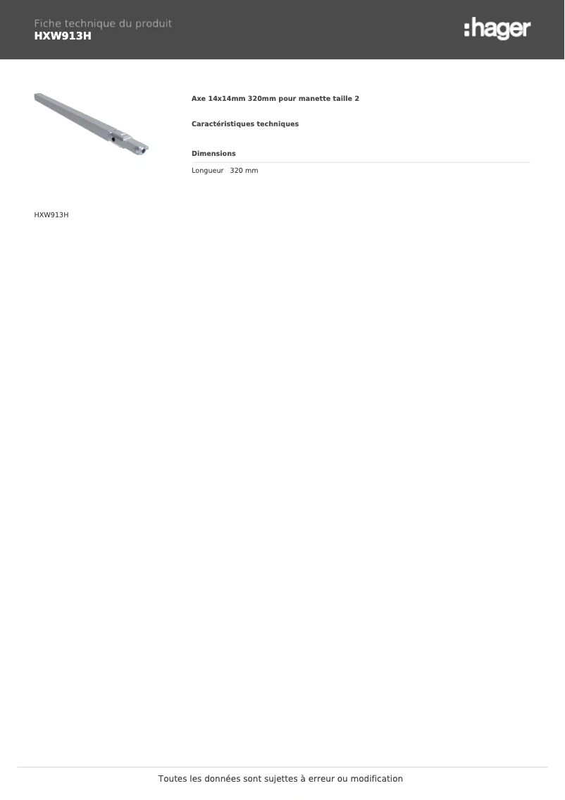 Page 1 de la notice Fiche technique Hager HXW913H