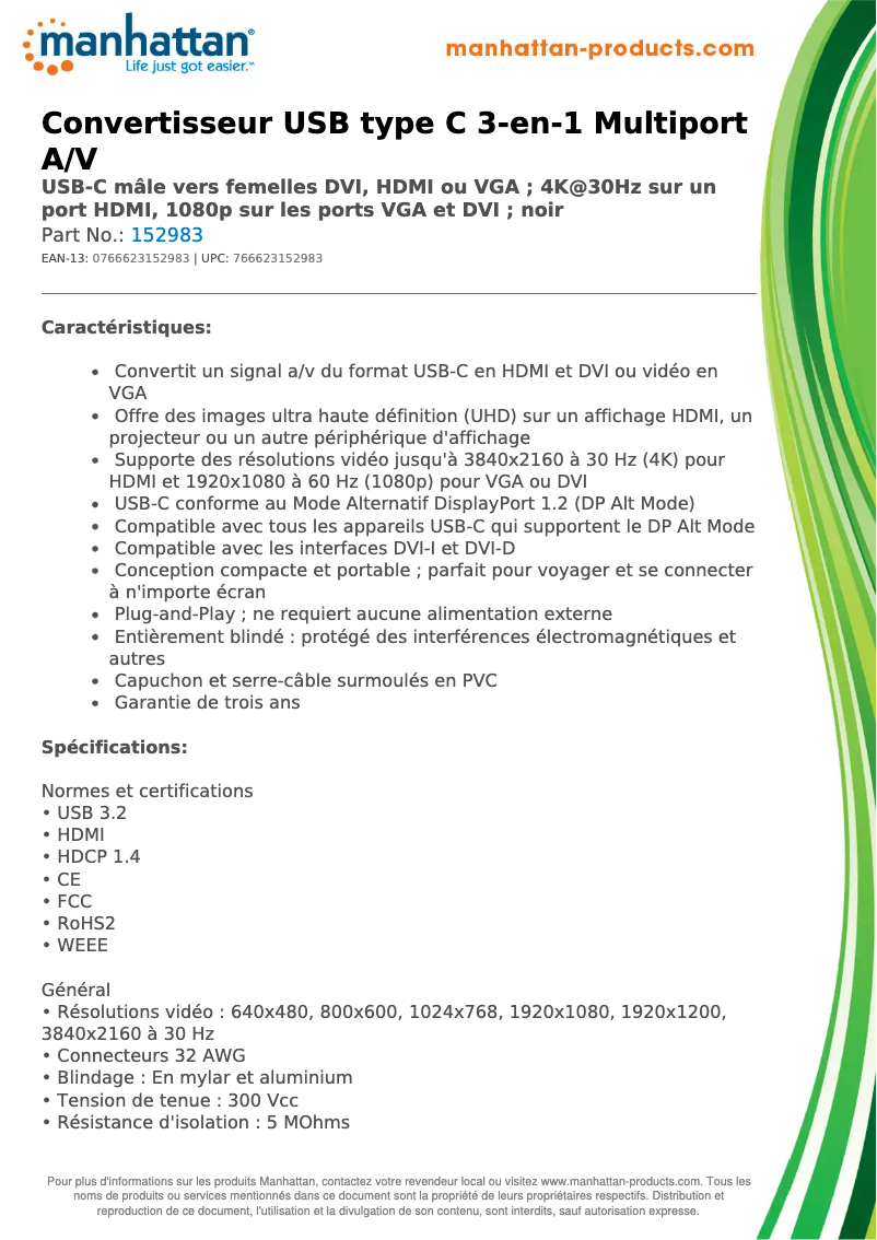 Page 1 of the manual Technical Sheet Manhattan 152983