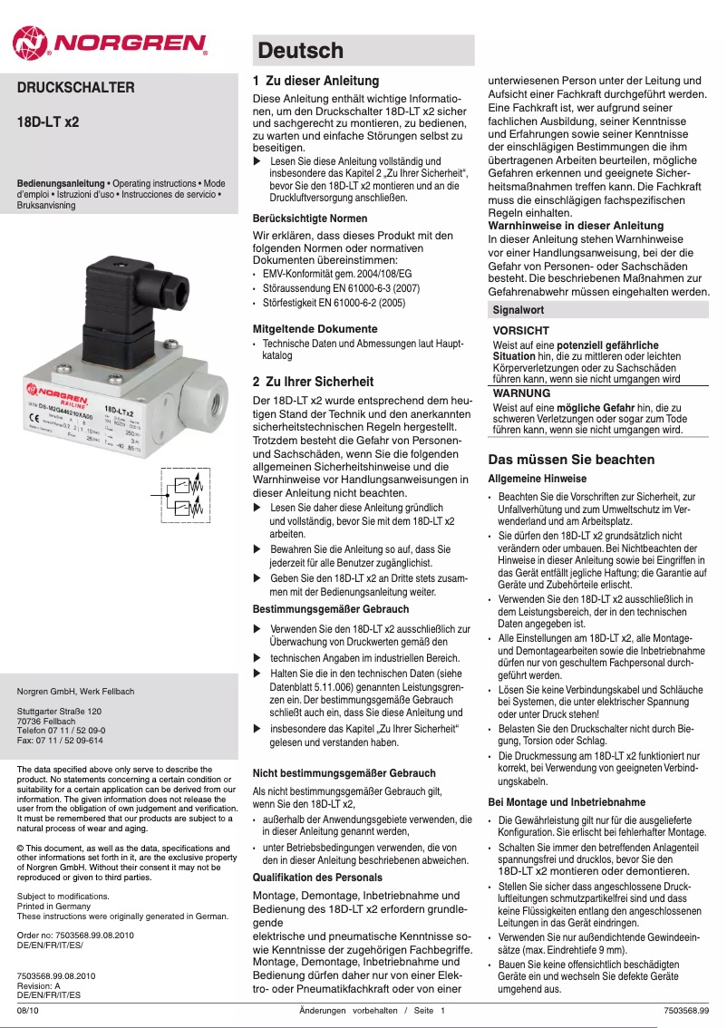 Page 1 de la notice Manuel utilisateur Norgren 18D-LT x2