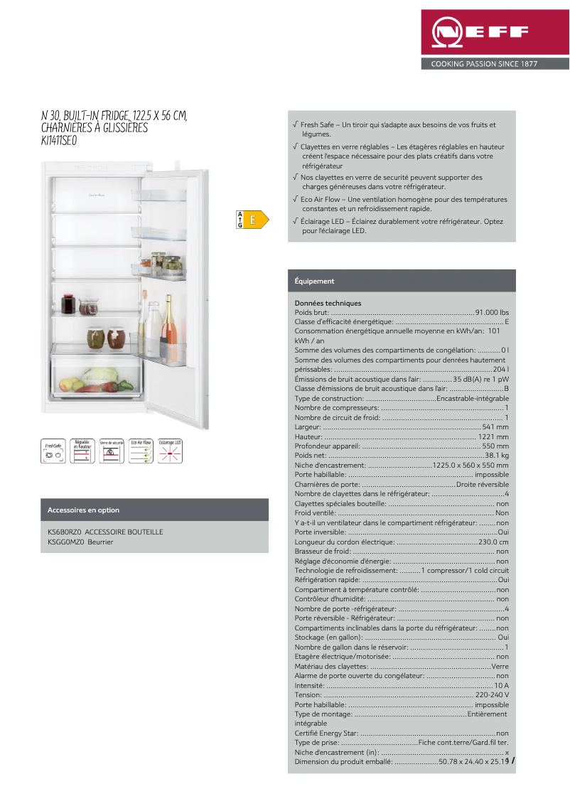 Page 1 of the manual Technical Sheet Neff KI1411SE0
