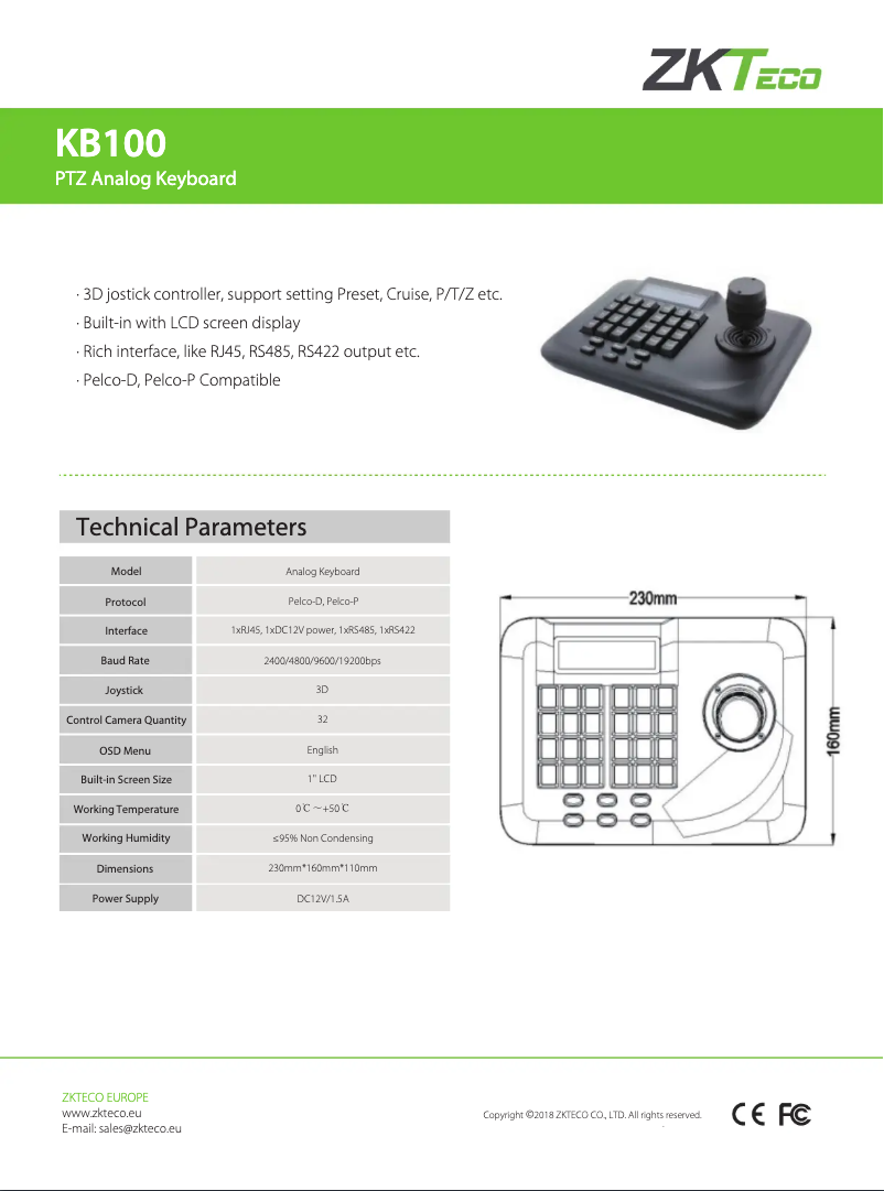 Page 1 de la notice Fiche technique ZKTeco KB100