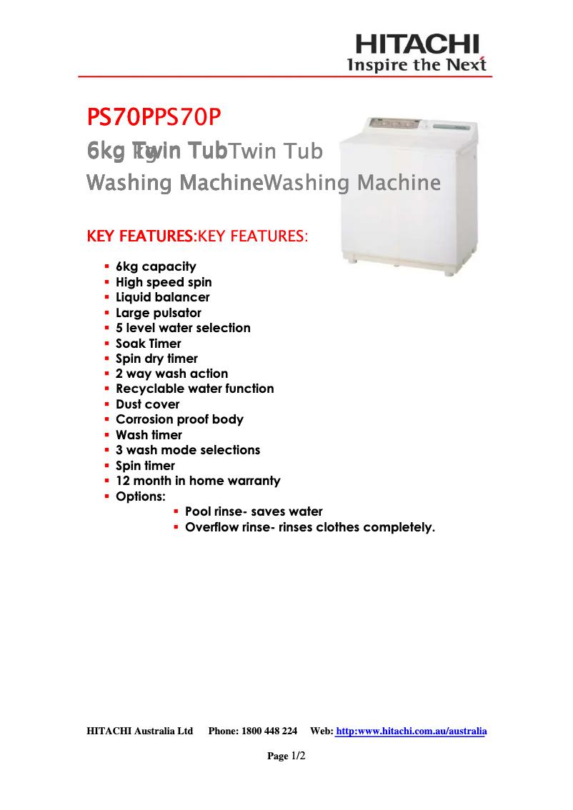Página 1 del manual Ficha técnica Hitachi PS70P