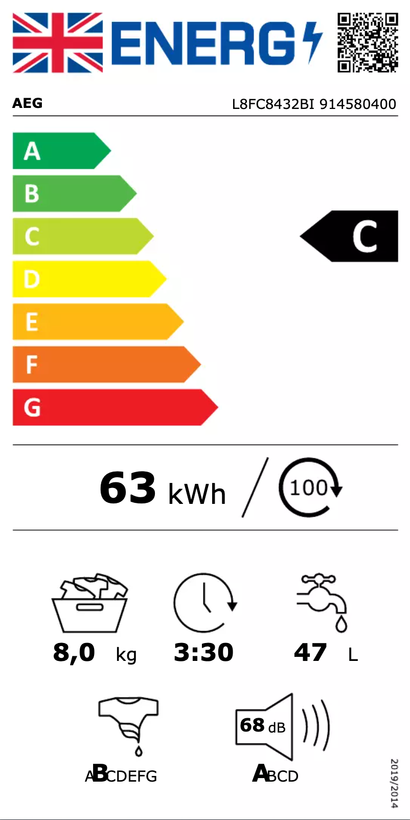 Page 1 de la notice Label énergétique AEG L8FC8432BI