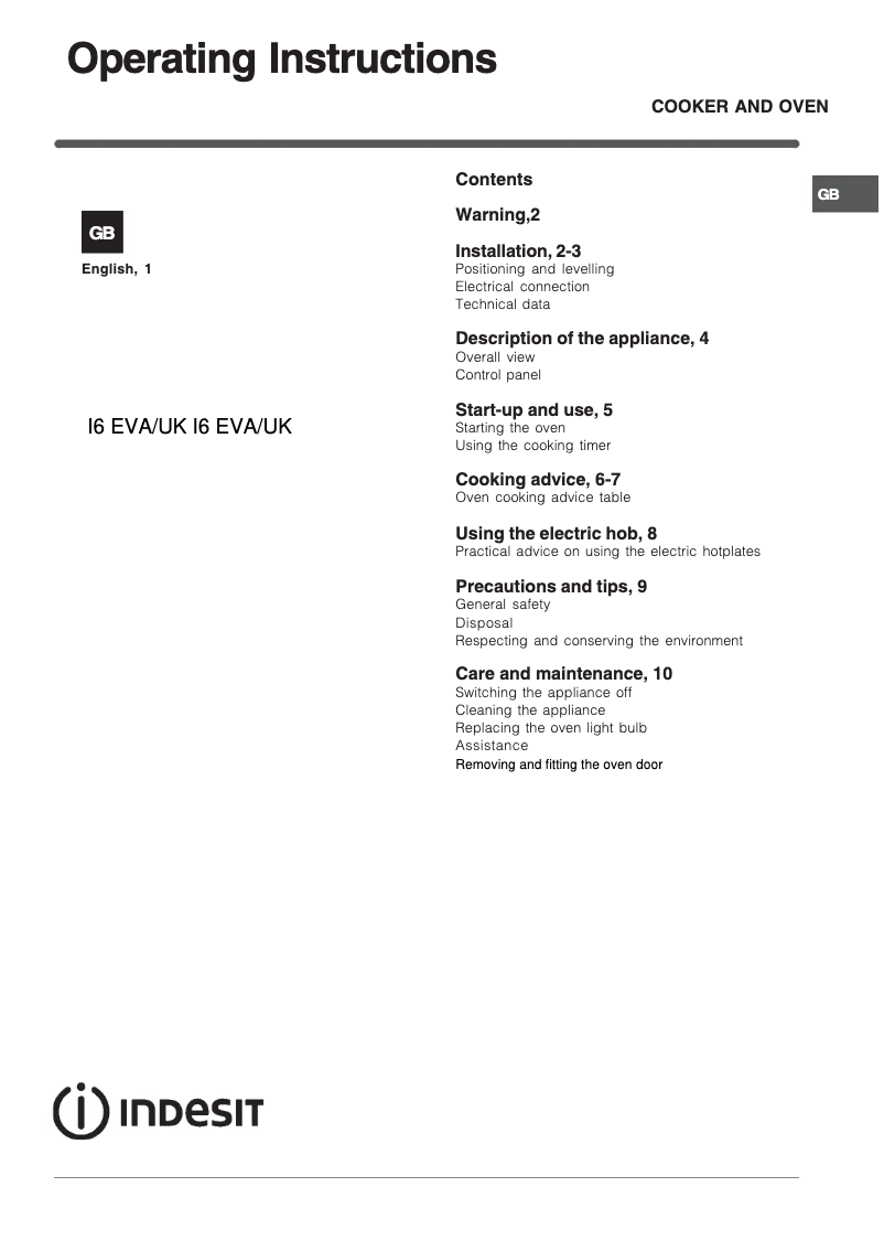 Page 1 de la notice Mode d'emploi Indesit I6EVA(W)/UK