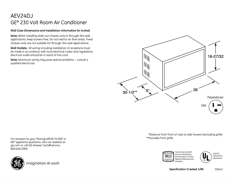 Página 1 del manual Ficha técnica GE AEV24DJ
